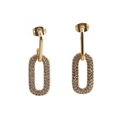 Detail shot of golden oval link earrings paved with shimmering clear cubic zirconia stones - Gold Elongated Oval Geometric