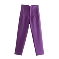 Detailed flat lay of high-waisted purple trousers with side pockets and smooth fabric - XS / Bottoms / Purple