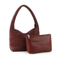 Burgundy woven tote set with matching smooth leather zipper pouch for women - Shoulder Bag Set / Burgundy