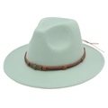 Close-up of light green felt jazz hat featuring a vintage bronze skull on leather cords - Mint Green