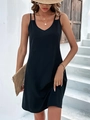 Slim fit sleeveless V-neck summer dress in solid black with minimalist spaghetti straps - S / Tops / Black