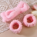 Pink coral fleece spa set with bow headband and wristbands on lace tablecloth - 3-Piece Headband Set / Pink