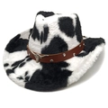 Detail of cow print cowboy hat featuring a silver bull head metal emblem and studded band - M (56-58cm) / Heart Top / Black
