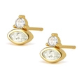 Close-up of gold stud earrings with round and marquise-cut sparkling clear gemstones - Gold White Zirconia