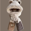 Plush 3-in-1 hooded scarf with cute ears in beige with brown and grey pockets - Starry 3-piece Set - Beige