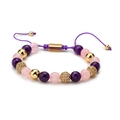 Adjustable hand-woven bracelet with natural pink and purple stone beads and gold accents - Rose Quartz Amethyst