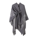Gray striped double-sided poncho shawl with geometric borders and knotted front design - Cross Plaid-Dark Gray