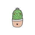 Cartoon enamel pin featuring a smiling green cactus in a peach pot with a black heart - Heart Peach Cactus (C2016-2)