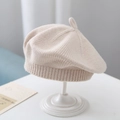 Beige knitted baby beret hat with ribbed edge and top detail for infants - Plain Knit Beret / Beige