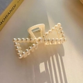 Elegante molletta per capelli a forma di fiocco con perle bianche da donna - Stile Perla - Molletta A Fiocco