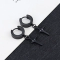 Pair of polished black stainless steel huggie hoop earrings with star-shaped pendants - Four-Pointed Star - Black
