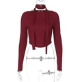 Close-up of wine red slim fit crop top featuring a ribbed knit texture and neck tie detail - S / Burgundy
