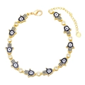 Detail of Hamsa Hand links with Evil Eye enamel and zircon on a gold chain bracelet - Black