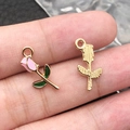 Pink enamel rose flower alloy charm with green leaves and golden back for DIY jewelry - 1Pc Pink Rose 9x18mm