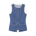 Gilet di jeans blu da donna con bottoni metallici monopetto e design attillato - XS / Gilet di Denim