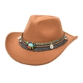 Detail of western cowboy hat with ethnic braided band, turquoise bead and gray fringe - M (56-58cm) / Khaki