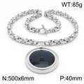 Silver stainless steel chain necklace with large faceted black stone pendant - Steel Black Necklace (KN201467-Z)