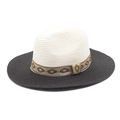 Detailed weave of two-tone Panama straw hat with khaki jacquard ribbon and contrast brim - M(56-58cm) / White + Black