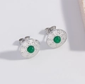 Silver hammered flower earrings featuring a green gemstone on a white background - 1.2cm Steel Color Round EI09-8
