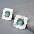 Minimalist square S925 silver stud earring with center light blue stone inlay - Lfja0085b1 / 925 Silver
