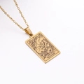 Golden tarot card necklace with THE LOVERS skeleton engraving on a rectangular pendant - The Lovers