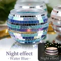 Water Blue mosaic glass candle holder with handmade spherical tealight design - Cyan Wave Blue