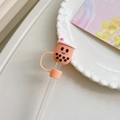 Orange milk tea cup shaped silicone straw cover cap for spill-proof protection - Milk Tea Cup-Orange / 10mm