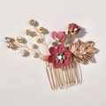 Elegant gold bridal hair comb featuring burgundy fabric flowers and white pearls - 3-Flower Hair Comb / Red