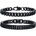 Set of two black punk style stainless steel cuban chain bracelets with lobster clasp - 2pcs Set / 19cm Length / Black