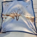 Light blue square silk scarf featuring artistic tree and bird prints with dark blue borders - Winter Plum Blossom Pattern Square Handkerchief / 65