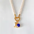 Collier de perles élégant avec lettre L plaquée or 14K et pendentif bleu - Lettre I