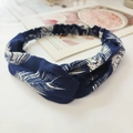 Blue twisted headband with white feather pattern and elastic back for women - Blue Feather