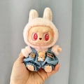 Labubu Zimomo doll in blue denim overalls with pink plush bunny hat and heart eyes - Cowboy Music Bear / First And Second Generation Keychains Are Compatible With La Cloth Dolls. Dolls Not Included.