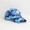 Close-up of blue marble tie-dye pattern on six-panel curved brim baseball cap - Blue Marble
