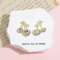 Pink heart cherry charm with gold base and crystal stones, sized 22x26mm for DIY jewelry - Pink Cherry / Gold