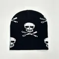 Winter black and white knitted beanie with skull pattern print for street style fashion - Black Skull