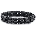 Detail of double-layer beaded bracelet featuring matte round beads and polished rectangles - Double Row Black Matte