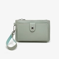 Light green litchi grain leather coin purse with snap pocket and wrist strap - Green (Lychee Grain)