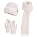 Winter 3-piece set with cream knit hat, long scarf, and touchscreen gloves for women - Beige