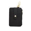 Black lychee leather card holder with gold zipper and metal snap closure hooks - Black