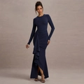Slim fit navy blue long sleeve maxi dress with elegant tiered ruffle side details - S / Navy Blue