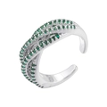 Detailed macro view of silver crossover ring featuring pavé set green zircons - Platinum Green Zirconia