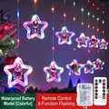 Waterproof LED star curtain lights with colorful reindeer and Santa patterns - USB Power + Remote / Colorful
