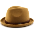 Close-up of ginger wool fedora hat with embossed brown leather band and silver buckle - M(56-58cm) / Khaki