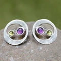 Orecchini geometrici minimalisti con pietre viola e verdi con finitura in argento - Asimmetrico Argento Viola Verde