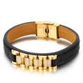 Men's black leather bracelet with gold stainless steel CZ inlaid links and folding clasp - 19cm Gold (KB144485-KFC)
