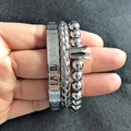 Three-piece silver stainless steel bracelet set with Roman numerals and crown charm - Roman Beaded Crown Silver Set
