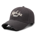 Dark grey retro baseball cap with NydCja 1990 embroidery and distressed brim detail - Gray