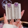 Elegant S925 silver fringe earrings with heart-shaped purple stones and rhinestones - Purple Gem Full Pave Zirconia Rhinestone Tassel Earrings (E0321)