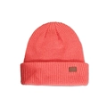 Detailed close-up of coral pink ribbed knit beanie with a stylish brown leather patch - M (56-58cm) / Watermelon red